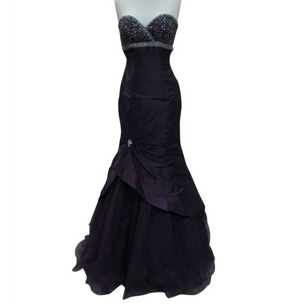 Precious Formals Black and Purple Strapless Beaded Mermaid Gown